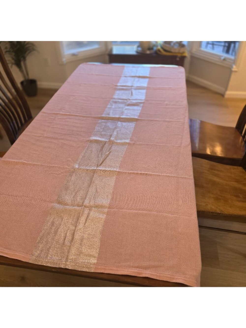 MCM 1950s Pink Woven Tablecloth & 6 Napkins Metallic Gray Accent Barbie Decor - Picture 6 of 10